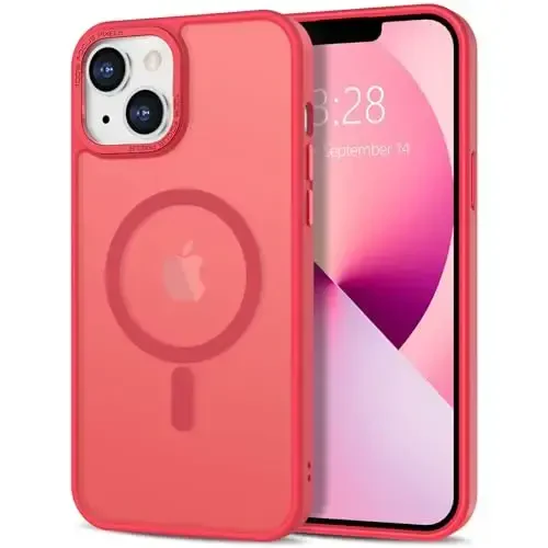 Anuck Case for iPhone 13 Case Magnetic Phone Case Compatible with MagSafe, Soft TPU Bumper Hard Translucent Matte Back Slim Fit Shockproof Protective Cover for Men Women Girls - Light Red - 12