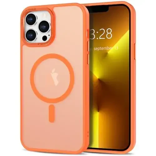 Anuck Case for iPhone 13 Pro Max Case Magnetic Phone Case Compatible with MagSafe, Soft TPU Bumper Hard Translucent Matte Back Slim Fit Shockproof Protective Cover for Men Women Girls - Orange - Modazone