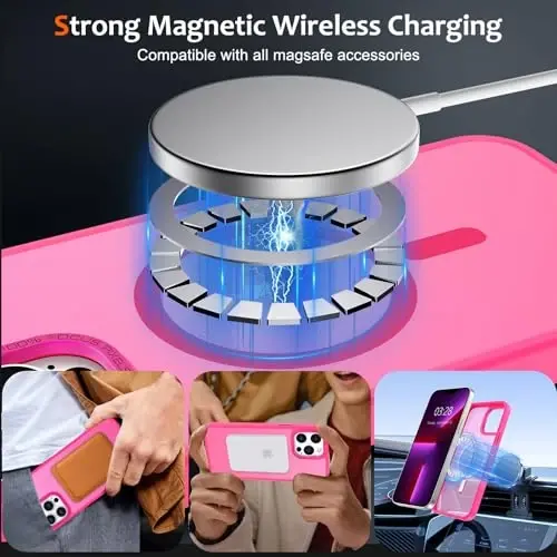 Anuck Case for iPhone 13 Pro Max Case Magnetic Phone Case MagSafe bilan mos keladi, Yumshoq TPU Bumper Qattiq Translusent Matte Back Slim Fit Shokka chidamli himoya qopqog'i Erkaklar Ayollar Qizlar uchun - Hot Pink - 2