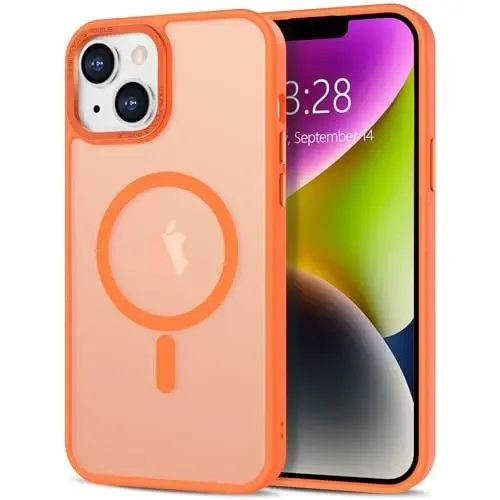 Anuck Case for iPhone 14 Case Magnetic Phone Case Compatible with MagSafe, Soft TPU Bumper Hard Translucent Matte Back Slim Fit Shockproof Protective Cover for Men Women Girls - Orange - 1