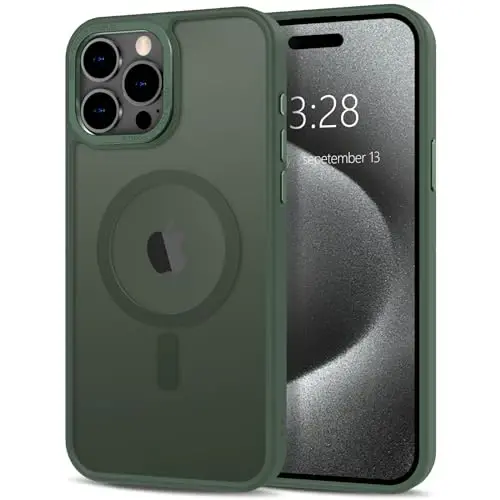 Anuck Case for iPhone 15 Pro Max Case Magnetic Phone Case Compatible with MagSafe, Soft TPU Bumper Hard Translucent Matte Back Slim Fit Shockproof Protective Cover for Men Women Girls - Dark Green 