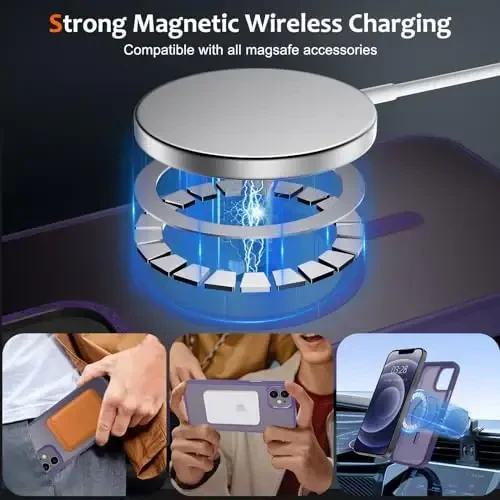 Anuck iPhone 12 uchun g'ilof Magnitli telefon g'ilofi MagSafe bilan mos, Yumshoq TPU bumper Qattiq yarim shaffof mat orqa Slim Fit zarbga chidamli himoya qopqog'i erkaklar ayollar qizlar uchun - To'q binafsha - 10