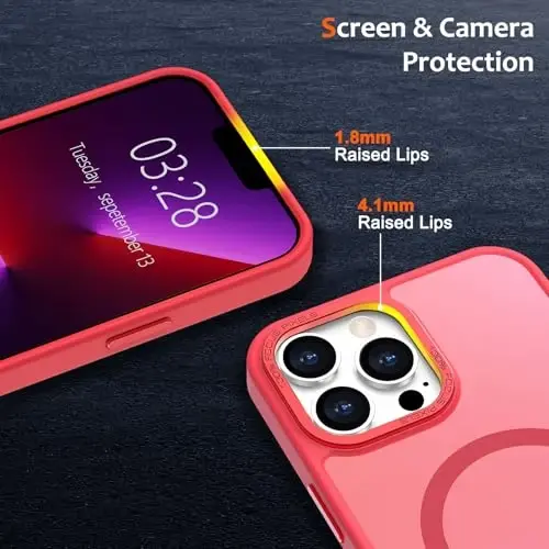 Anuck iPhone 13 Pro Kılıf MagSafe Uyumlu Manyetik Telefon Kılıfı, Yumuşak TPU Tampon Sert Yarı Saydam Mat Arka Yüzey İnce Kesim Darbeye Dayanıklı Koruyucu Kapak Erkekler Kadınlar Kızlar için - Açık Kırmızı - 3