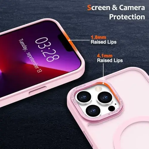 Anuck iPhone 13 Pro Max uchun g'ilof Magnitli telefon g'ilofi MagSafe bilan mos, Yumshoq TPU bamperi Qattiq yarim shaffof mat orqa Slim Fit zarbaga chidamli himoya qopqog'i erkaklar ayollar qizlar uchun - Tender Pink - 3