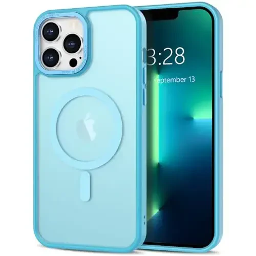 Anuck iPhone 13 Pro uchun g'ilof Magnitli telefon g'ilofi MagSafe bilan mos, Yumshoq TPU Bumper Qattiq Yarim shaffof Matte Orqa Slim Fit Zarba o'tkazmaydigan himoya qopqog'i erkaklar ayollar qizlar uchun - Lake Blue 