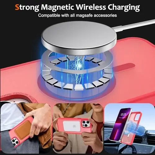 Anuck iPhone 13 Pro uchun g'ilof, MagSafe bilan mos magnitli telefon g'ilofi, yumshoq TPU bamperli qattiq yarim shaffof mat orqa tomon, ingichka, zarbga chidamli himoya g'ilofi, erkaklar, ayollar va qizlar uchun - och qizil rang - 2