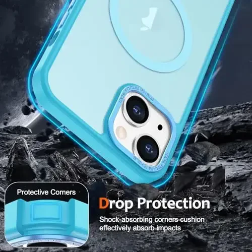 Anuck iPhone 14 Plus uchun g'ilof Magnit telefon g'ilofi MagSafe bilan mos keladi, Yumshoq TPU Bumper Qattiq Yarim Shaffof Matte Orqa Slim Fit Zarba o'tkazmaydigan Himoya Qopqog'i Erkaklar Ayollar Qizlar uchun - Ko'l Moviy - 9