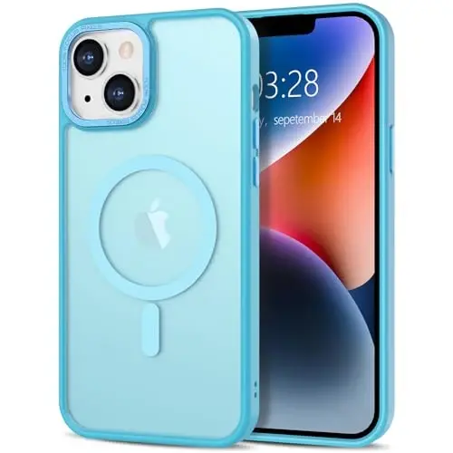 Anuck iPhone 14 Plus uchun g'ilof Magnit telefon g'ilofi MagSafe bilan mos keladi, Yumshoq TPU Bumper Qattiq Yarim Shaffof Matte Orqa Slim Fit Zarba o'tkazmaydigan Himoya Qopqog'i Erkaklar Ayollar Qizlar uchun - Ko'l Moviy 