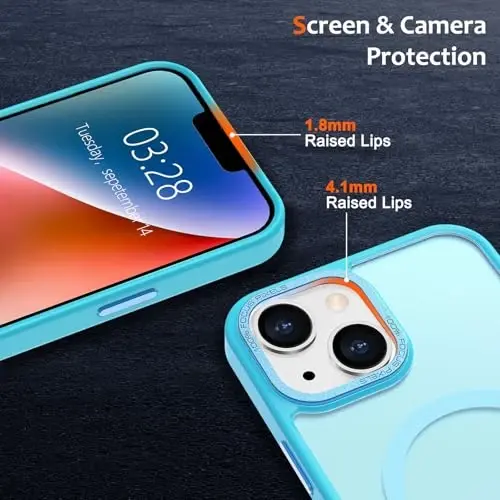 Anuck iPhone 14 Plus uchun g'ilof Magnit telefon g'ilofi MagSafe bilan mos keladi, Yumshoq TPU Bumper Qattiq Yarim Shaffof Matte Orqa Slim Fit Zarba o'tkazmaydigan Himoya Qopqog'i Erkaklar Ayollar Qizlar uchun - Ko'l Moviy - 3