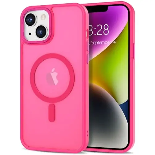 Anuck iPhone 14 Plus uchun g'ilof Magnitli telefon g'ilofi MagSafe bilan mos, Yumshoq TPU bumperli qattiq shaffof mat orqa Slim Fit zarbga chidamli himoya qopqog'i erkaklar ayollar qizlar uchun - To'q pushti 