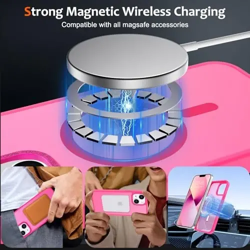 Anuck iPhone 14 Plus uchun g'ilof Magnitli telefon g'ilofi MagSafe bilan mos, Yumshoq TPU bumperli qattiq shaffof mat orqa Slim Fit zarbga chidamli himoya qopqog'i erkaklar ayollar qizlar uchun - To'q pushti - 2