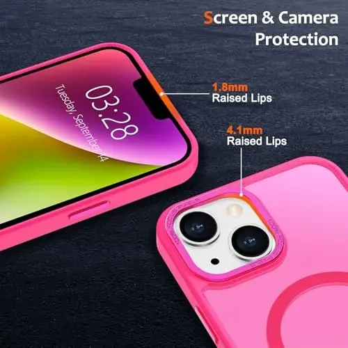 Anuck iPhone 14 Plus uchun g'ilof Magnitli telefon g'ilofi MagSafe bilan mos, Yumshoq TPU bumperli qattiq shaffof mat orqa Slim Fit zarbga chidamli himoya qopqog'i erkaklar ayollar qizlar uchun - To'q pushti - 3