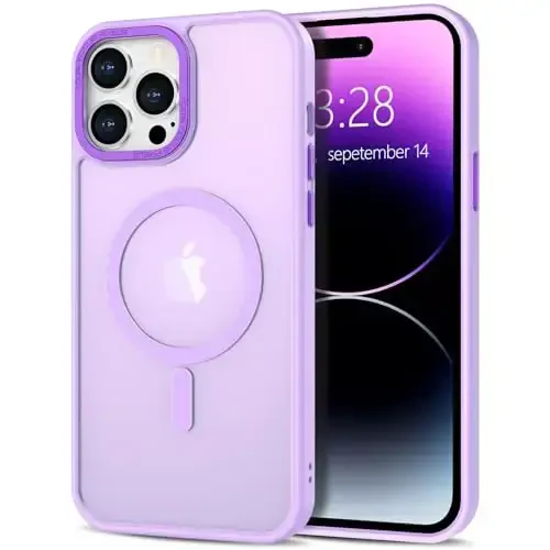 Anuck iPhone 14 Pro Max uchun g'ilof MagSafe bilan mos magnit telefon g'ilofi, yumshoq TPU bamperi qattiq yarim shaffof mat orqa ingichka zarbaga chidamli himoya qopqog'i erkaklar ayollar qizlar uchun - och binafsha 