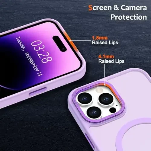 Anuck iPhone 14 Pro Max uchun g'ilof MagSafe bilan mos magnit telefon g'ilofi, yumshoq TPU bamperi qattiq yarim shaffof mat orqa ingichka zarbaga chidamli himoya qopqog'i erkaklar ayollar qizlar uchun - och binafsha - 3