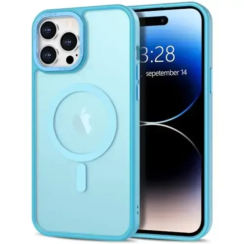 Anuck iPhone 14 Pro uchun g‘ilof Magnitli telefon g‘ilofi MagSafe bilan mos, Yumshoq TPU bumperli qattiq shaffof mat orqa Slim Fit zarbga chidamli himoya qopqog‘i erkaklar ayollar qizlar uchun - Lake Blue 