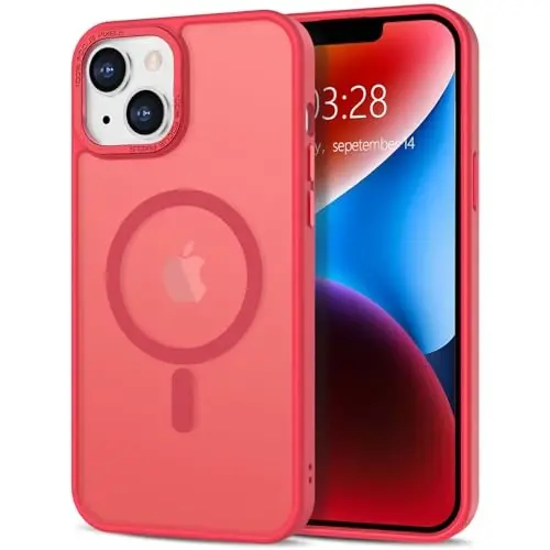 Anuck iPhone 14 uchun gʻilof Magnitli telefon gʻilofi MagSafe bilan mos keladi, Yumshoq TPU bumperli qattiq yarim shaffof mat orqa Slim Fit zarbga chidamli himoya qopqogʻi erkaklar ayollar qizlar uchun - Ochiq qizil - ANUCK