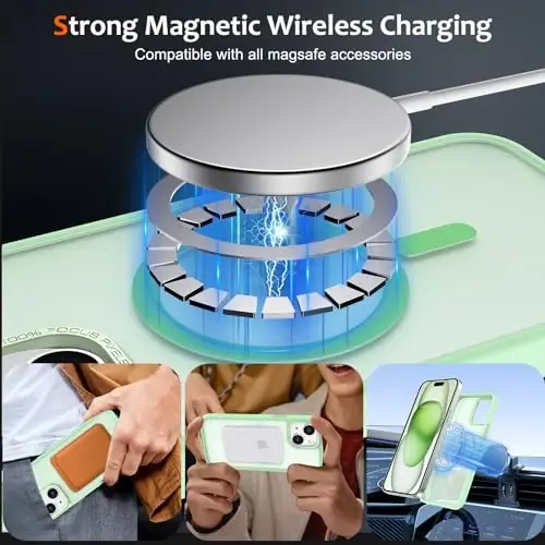 Anuck iPhone 15 Plus uchun gʻilof Magnitli telefon gʻilofi MagSafe bilan mos, yumshoq TPU bamperli qattiq shaffof mat orqa ingichka zarbga chidamli himoya qopqogʻi erkaklar ayollar qizlar uchun - Yashil - 2