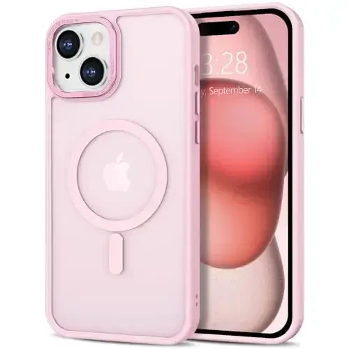 Anuck iPhone 15 Plus uchun gʻilof, MagSafe bilan mos magnit telefon gʻilofi, yumshoq TPU bamperi qattiq shaffof mat orqa, ingichka zarbga chidamli himoya qopqogʻi erkaklar ayollar qizlar uchun - Tender Pink - 1