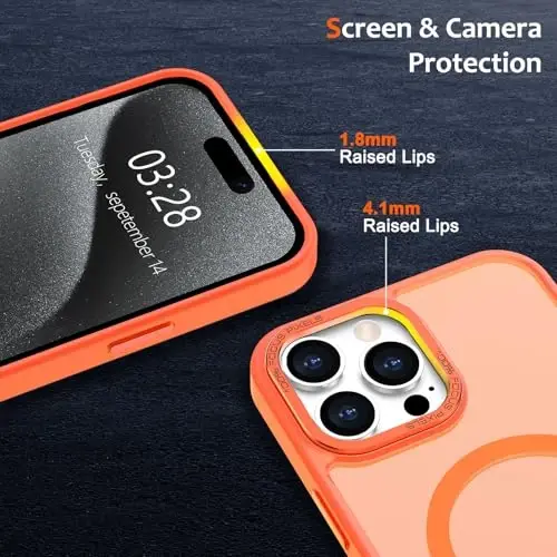 Anuck iPhone 15 Pro Max uchun g'ilof, MagSafe bilan mos magnitli telefon g'ilofi, yumshoq TPU bamperli qattiq yarim shaffof mat orqa panel, erkaklar, ayollar va qizlar uchun zarbga chidamli himoya g'ilofi - to'q sariq - 3