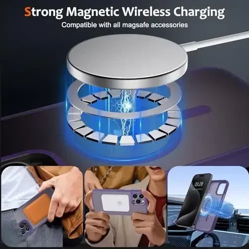 Anuck iPhone 15 Pro uchun g'ilof Magnitli telefon g'ilofi MagSafe bilan mos, Yumshoq TPU bamper Qattiq yarim shaffof mat orqa Yengil zarbga chidamli himoya qopqog'i erkaklar ayollar qizlar uchun - To'q binafsha - 2