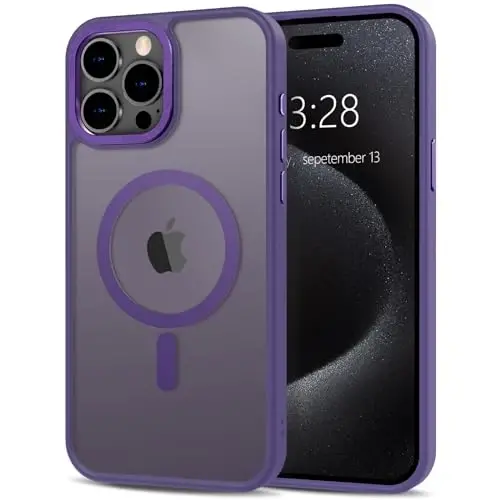 Anuck iPhone 15 Pro uchun g'ilof Magnitli telefon g'ilofi MagSafe bilan mos, Yumshoq TPU bamper Qattiq yarim shaffof mat orqa Yengil zarbga chidamli himoya qopqog'i erkaklar ayollar qizlar uchun - To'q binafsha - 1