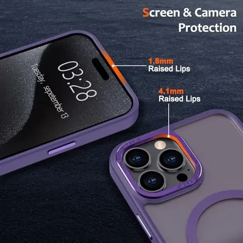 Anuck iPhone 15 Pro uchun g'ilof Magnitli telefon g'ilofi MagSafe bilan mos, Yumshoq TPU bamper Qattiq yarim shaffof mat orqa Yengil zarbga chidamli himoya qopqog'i erkaklar ayollar qizlar uchun - To'q binafsha - 3