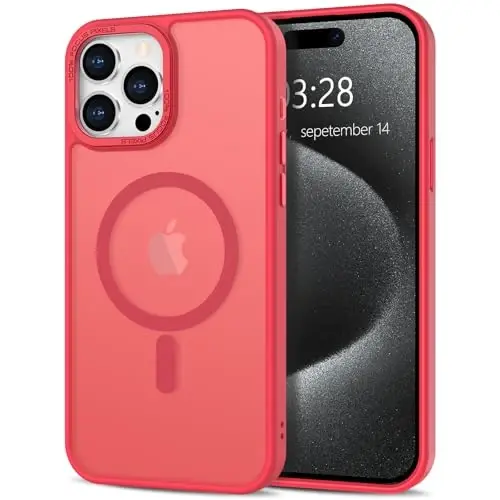 Anuck iPhone 15 Pro uchun g'ilof Magnitli telefon g'ilofi MagSafe bilan mos, Yumshoq TPU bamperi Qattiq shaffof mat orqa Slim Fit zarbga chidamli himoya qopqog'i erkaklar ayollar qizlar uchun - Ochiq qizil 