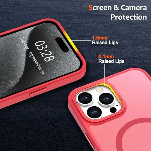 Anuck iPhone 15 Pro uchun g'ilof Magnitli telefon g'ilofi MagSafe bilan mos, Yumshoq TPU bamperi Qattiq shaffof mat orqa Slim Fit zarbga chidamli himoya qopqog'i erkaklar ayollar qizlar uchun - Ochiq qizil - 3