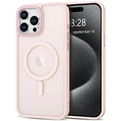 Anuck iPhone 15 Pro uchun g‘ilof Magnitli telefon g‘ilofi MagSafe bilan mos, Yumshoq TPU bamperli qattiq shaffof mat orqa Slim Fit zarbga chidamli himoya qopqog‘i erkaklar ayollar qizlar uchun - Pushti 