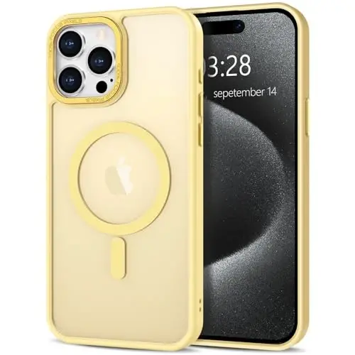 Anuck iPhone 15 Pro uchun g‘ilof MagSafe bilan mos keladigan magnit telefon g‘ilofi, yumshoq TPU bamperi qattiq yarim shaffof mat orqa nozik zarbga chidamli himoya qopqog‘i erkaklar ayollar qizlar uchun - Sariq 