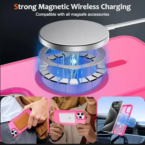 Anuck iPhone 15 Pro uchun g'ilof MagSafe bilan mos keladigan magnit telefon g'ilofi, yumshoq TPU bamperli qattiq shaffof mat orqa, yupqa, zarbga chidamli himoya qopqog'i erkaklar, ayollar va qizlar uchun - To'q pushti - 2