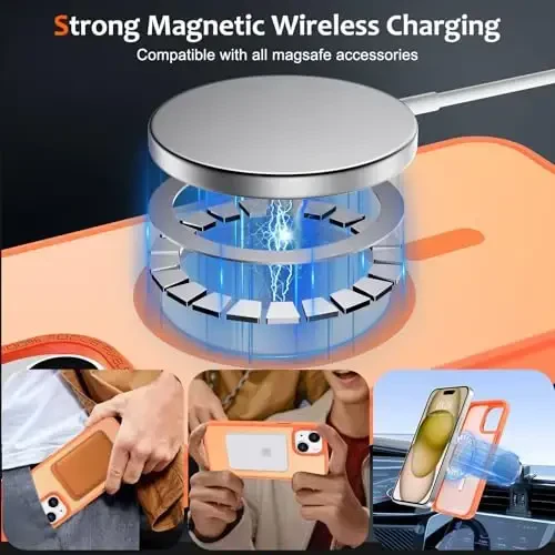 Anuck iPhone 15 uchun g'ilof Magnitli telefon g'ilofi MagSafe bilan mos keladi, Yumshoq TPU bamperli qattiq shaffof mat orqa nozik qopqoq Zarbadan himoya qiluvchi himoya qopqog'i erkaklar ayollar qizlar uchun - Apelsin - 2