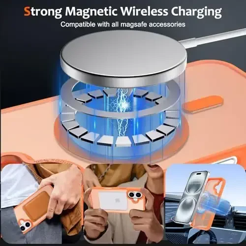 Anuck iPhone 16 Plus uchun g'ilof Magnitli telefon g'ilofi MagSafe bilan mos keladi, Yumshoq TPU bumperli qattiq yarim shaffof mat orqa Slim Fit zarbga chidamli himoya qopqog'i erkaklar ayollar qizlar uchun - Apelsin - 11