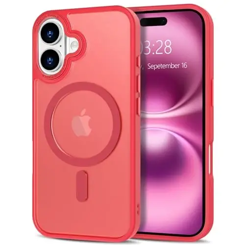 Anuck iPhone 16 Plus uchun g‘ilof MagSafe bilan mos keluvchi magnitli telefon g‘ilofi, yumshoq TPU bamperli qattiq yarim shaffof mat orqa, ingichka, zarbga chidamli himoya qopqog‘i erkaklar, ayollar va qizlar uchun - och qizil 