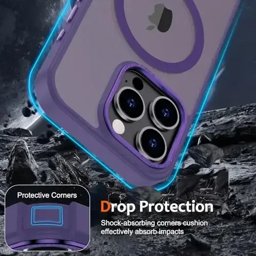 Anuck iPhone 16 Pro Max uchun g'ilof Magnitli telefon g'ilofi MagSafe bilan mos keladi, Yumshoq TPU bumper Qattiq yarim shaffof mat orqa Slim Fit zarbaga chidamli himoya qopqog'i erkaklar ayollar qizlar uchun - To'q binafsha - 4