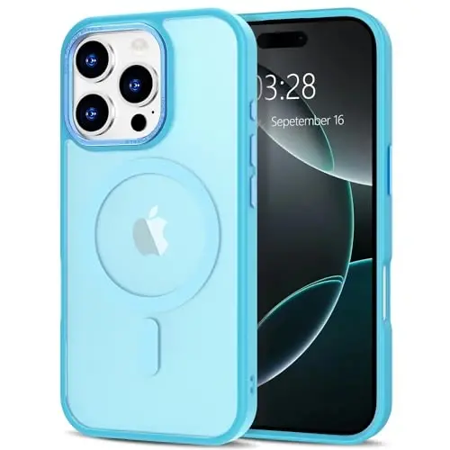 Anuck iPhone 16 Pro Max uchun gʻilof MagSafe bilan mos keladigan magnit telefon gʻilofi, yumshoq TPU bamper qattiq shaffof mat orqa slim fit zarbga chidamli himoya qopqogʻi erkaklar ayollar qizlar uchun - Lake Blue 