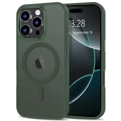 Anuck iPhone 16 Pro Max uchun g'ilof MagSafe bilan mos keladigan magnit telefon g'ilofi, yumshoq TPU bamperi qattiq shaffof mat orqa ingichka zarbaga chidamli himoya qopqog'i erkaklar ayollar qizlar uchun - to'q yashil 