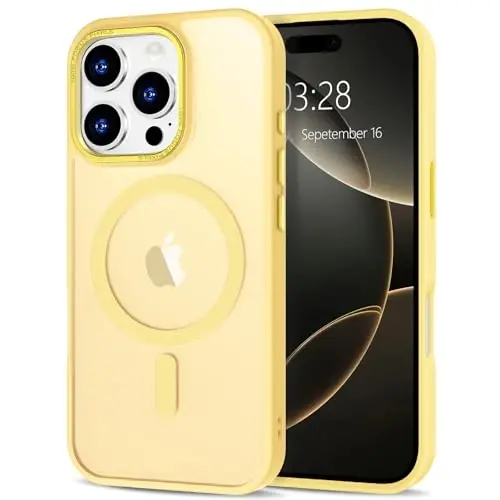 Anuck iPhone 16 Pro Max uchun g'ilof MagSafe bilan mos keladigan magnit telefon g'ilofi, yumshoq TPU bamperi qattiq shaffof mat orqa nozik zarbga chidamli himoya qopqog'i erkaklar ayollar qizlar uchun - Sariq 