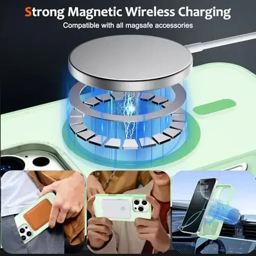 Anuck iPhone 16 Pro Max uchun g'ilof MagSafe bilan mos keladigan magnit telefon g'ilofi, yumshoq TPU bamperi qattiq shaffof mat orqa nozik zarbga chidamli himoya qopqog'i erkaklar ayollar qizlar uchun - yashil - ANUCK (1)