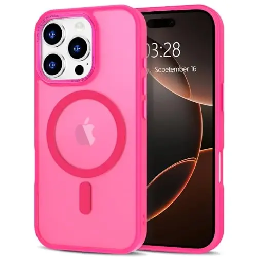 Anuck iPhone 16 Pro uchun g'ilof, MagSafe bilan mos keladigan magnit telefon g'ilofi, yumshoq TPU bamperi qattiq yarim shaffof mat orqa ingichka zarbga chidamli himoya qopqog'i erkaklar ayollar qizlar uchun - To'q pushti 