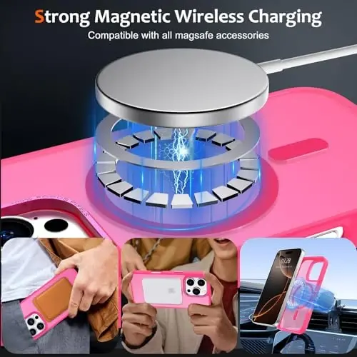Anuck iPhone 16 Pro uchun g'ilof, MagSafe bilan mos keladigan magnit telefon g'ilofi, yumshoq TPU bamperi qattiq yarim shaffof mat orqa ingichka zarbga chidamli himoya qopqog'i erkaklar ayollar qizlar uchun - To'q pushti - 2