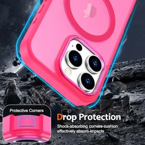 Anuck iPhone 16 Pro uchun g'ilof, MagSafe bilan mos keladigan magnit telefon g'ilofi, yumshoq TPU bamperi qattiq yarim shaffof mat orqa ingichka zarbga chidamli himoya qopqog'i erkaklar ayollar qizlar uchun - To'q pushti - 4