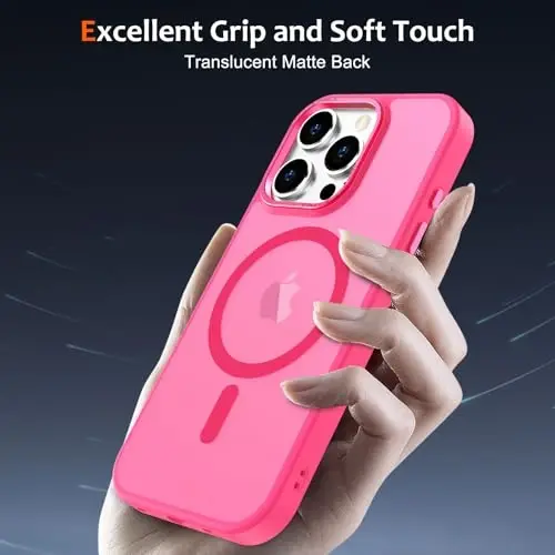 Anuck iPhone 16 Pro uchun g'ilof, MagSafe bilan mos keladigan magnit telefon g'ilofi, yumshoq TPU bamperi qattiq yarim shaffof mat orqa ingichka zarbga chidamli himoya qopqog'i erkaklar ayollar qizlar uchun - To'q pushti - 5