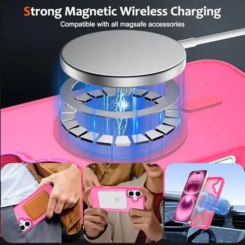 Anuck iPhone 16 uchun g'ilof Magnitli telefon g'ilofi MagSafe bilan mos keladi, Yumshoq TPU bamperli qattiq shaffof mat orqa Yaxshi o'tiradigan zarbaga chidamli himoya qopqog'i erkaklar ayollar qizlar uchun - To'q pushti - ANUCK (1)