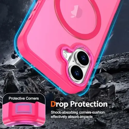 Anuck iPhone 16 uchun g'ilof Magnitli telefon g'ilofi MagSafe bilan mos keladi, Yumshoq TPU bamperli qattiq shaffof mat orqa Yaxshi o'tiradigan zarbaga chidamli himoya qopqog'i erkaklar ayollar qizlar uchun - To'q pushti - 4