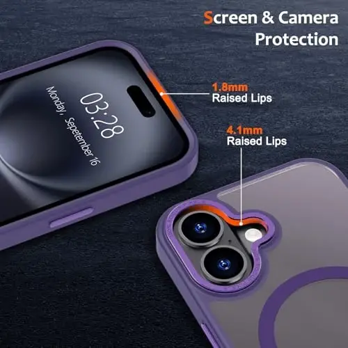 Anuck iPhone 16 uchun g'ilof MagSafe bilan mos keladigan magnit telefon g'ilofi, yumshoq TPU bumper qattiq yarim shaffof mat orqa ingichka zarbga chidamli himoya qopqog'i erkaklar ayollar qizlar uchun - to'q binafsha - 3