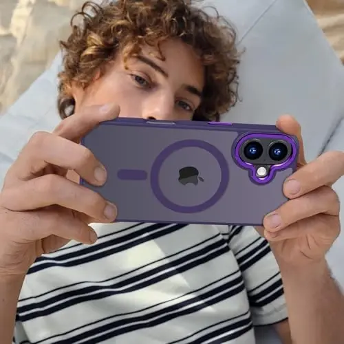 Anuck iPhone 16 uchun g'ilof MagSafe bilan mos keladigan magnit telefon g'ilofi, yumshoq TPU bumper qattiq yarim shaffof mat orqa ingichka zarbga chidamli himoya qopqog'i erkaklar ayollar qizlar uchun - to'q binafsha - 6