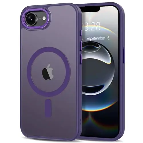 Anuck iPhone 16e uchun g‘ilof Magnitli telefon g‘ilofi MagSafe bilan mos, yumshoq TPU bamperli qattiq shaffof mat orqa Slim Fit zarbga chidamli himoya qopqog‘i erkaklar ayollar qizlar uchun - to‘q binafsha 