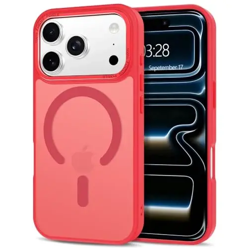 Anuck iPhone 17 Pro Max uchun g‘ilof, MagSafe bilan mos magnitli telefon g‘ilofi, yumshoq TPU bamperli, qattiq shaffof mat orqa tomonli, ingichka, zarbaga chidamli himoya g‘ilofi, erkaklar, ayollar va qizlar uchun - Och qizil - 1
