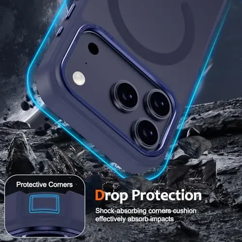 Anuck iPhone 17 Pro uchun g‘ilof, MagSafe bilan mos magnitli telefon g‘ilofi, yumshoq TPU bamperli va qattiq yarim shaffof mat orqa tomonli, zarbaga chidamli, ingichka himoya g‘ilofi (erkaklar, ayollar va qizlar uchun) - To‘q ko‘k. - 4